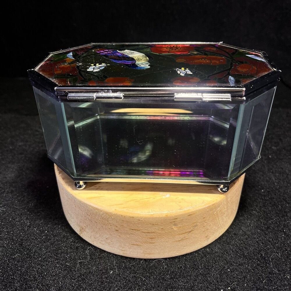 Beautiful Brass Beveled Glass Botanical Floral Design Jewelry Box